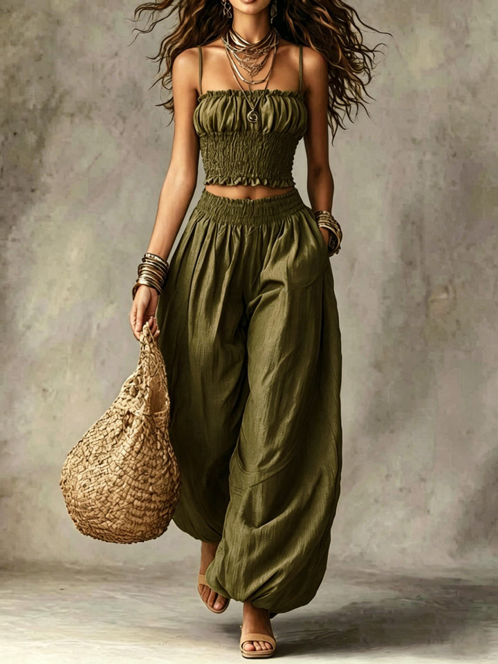 Ensemble de Pantalon Large à Taille Haute avec Top Court Smocké