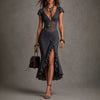 Robe Midi Fendue à Volants en Dentelle