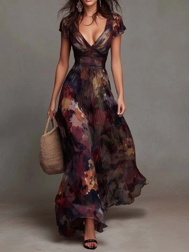 Robe maxi plissée à col en V en aquarelle florale