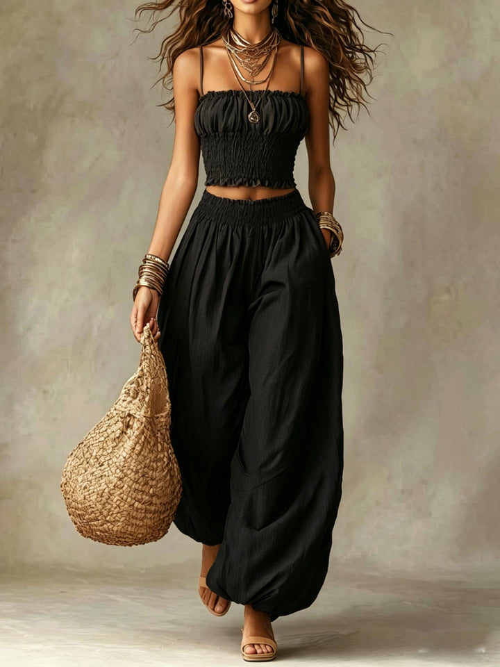 Ensemble de Pantalon Large à Taille Haute avec Top Court Smocké