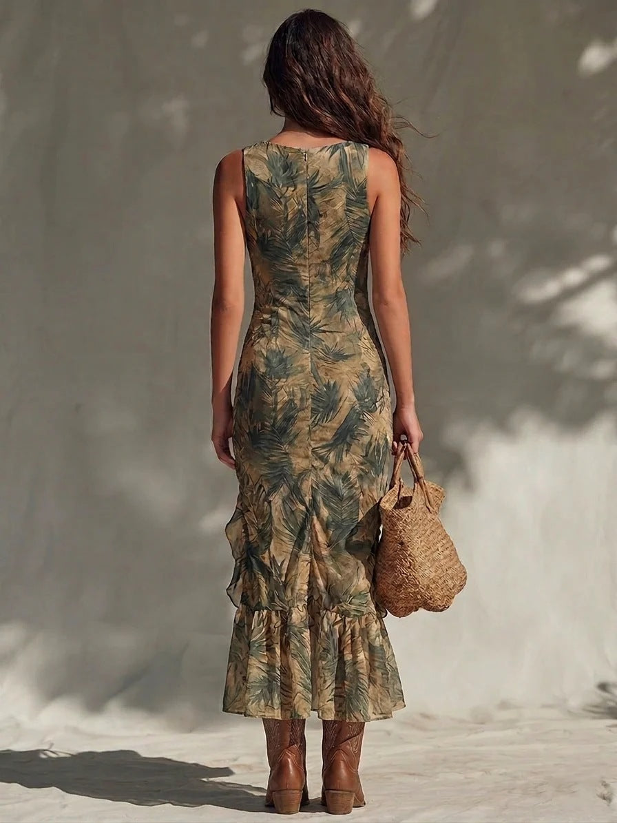 Robe Maxi Fendue à Volants et Imprimé Palmiers
