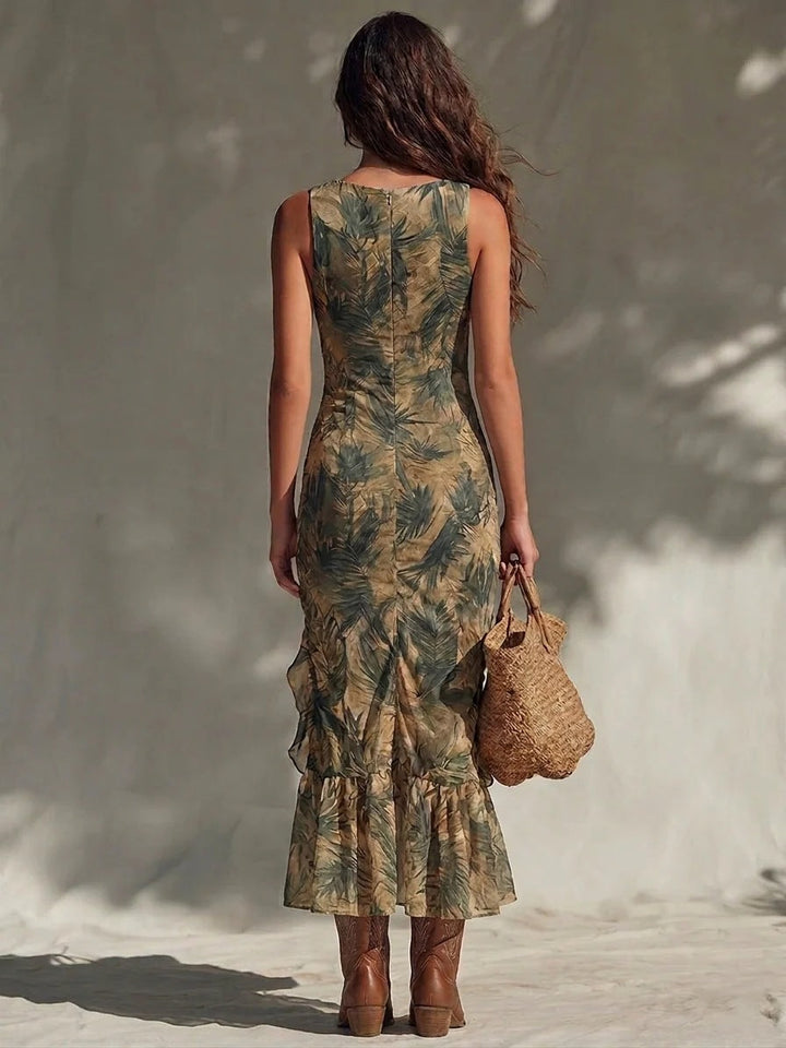 Robe Maxi Fendue à Volants et Imprimé Palmiers