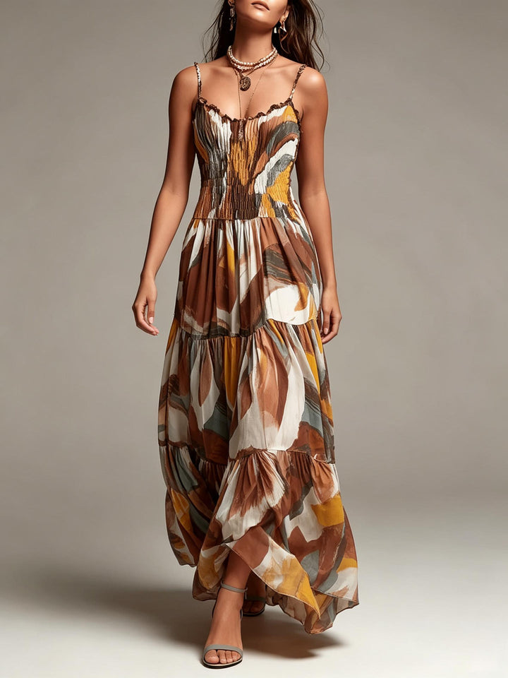Robe Maxi à Volants Imprimée Abstraite