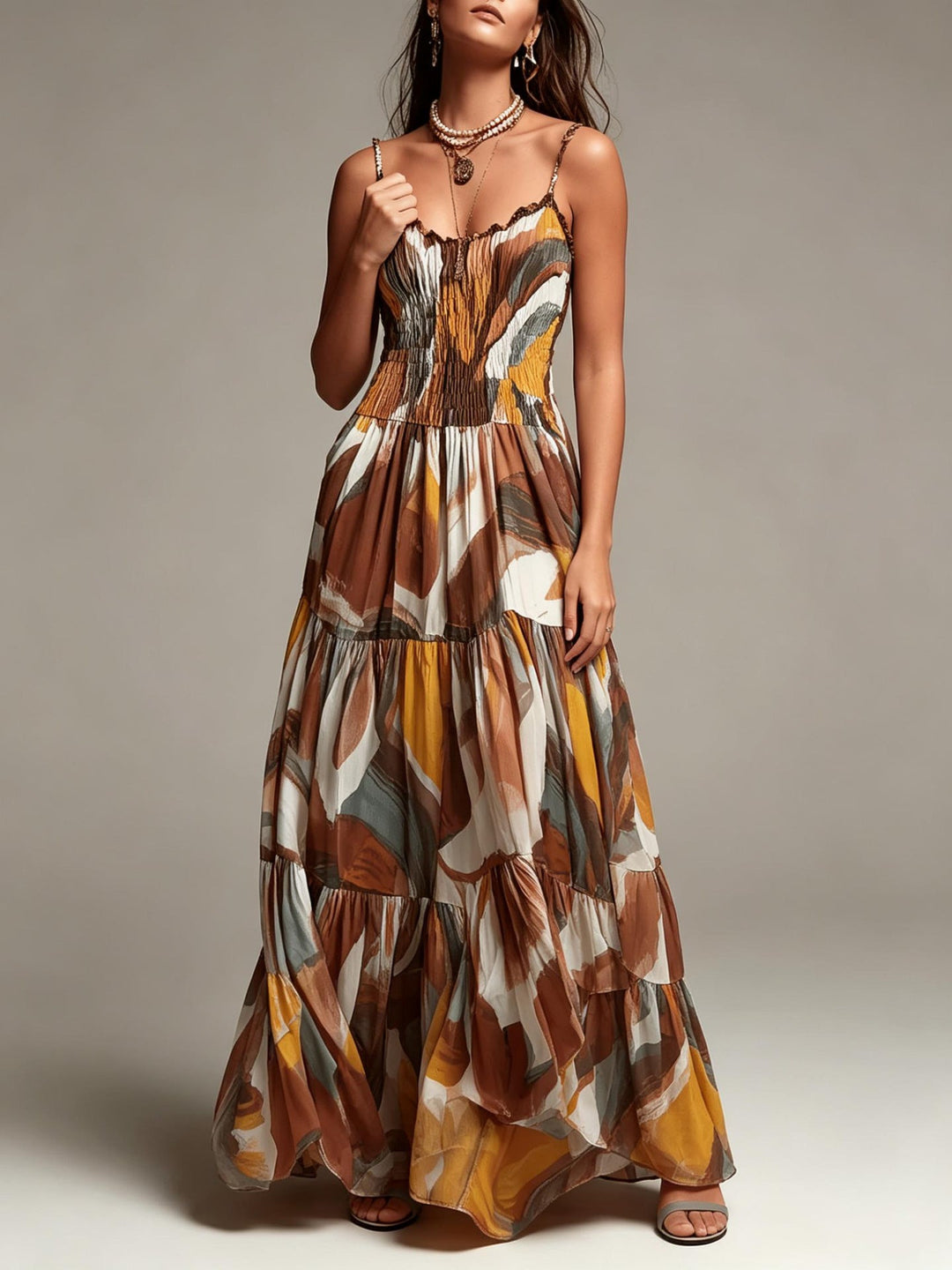 Robe Maxi à Volants Imprimée Abstraite