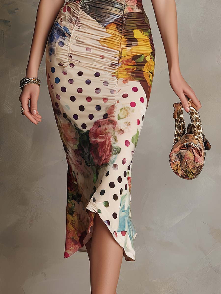 Robe midi ajustée à imprimé mixte et bordure en dentelle