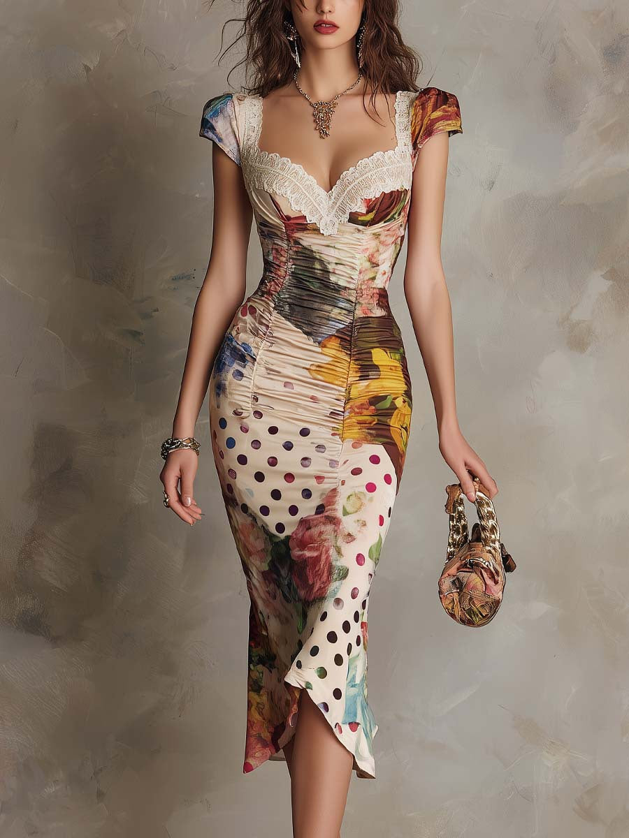 Robe midi ajustée à imprimé mixte et bordure en dentelle