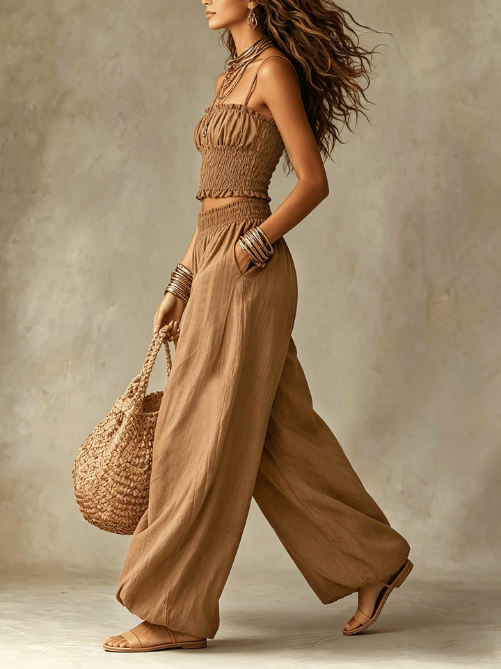Ensemble de Pantalon Large à Taille Haute avec Top Court Smocké