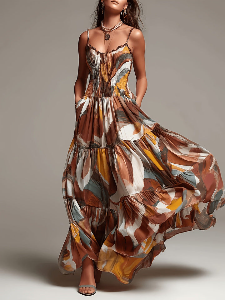 Robe Maxi à Volants Imprimée Abstraite