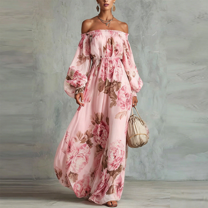 Payton | Robe Maxi Fleurie à Épaules Dégagées, Manches Longues