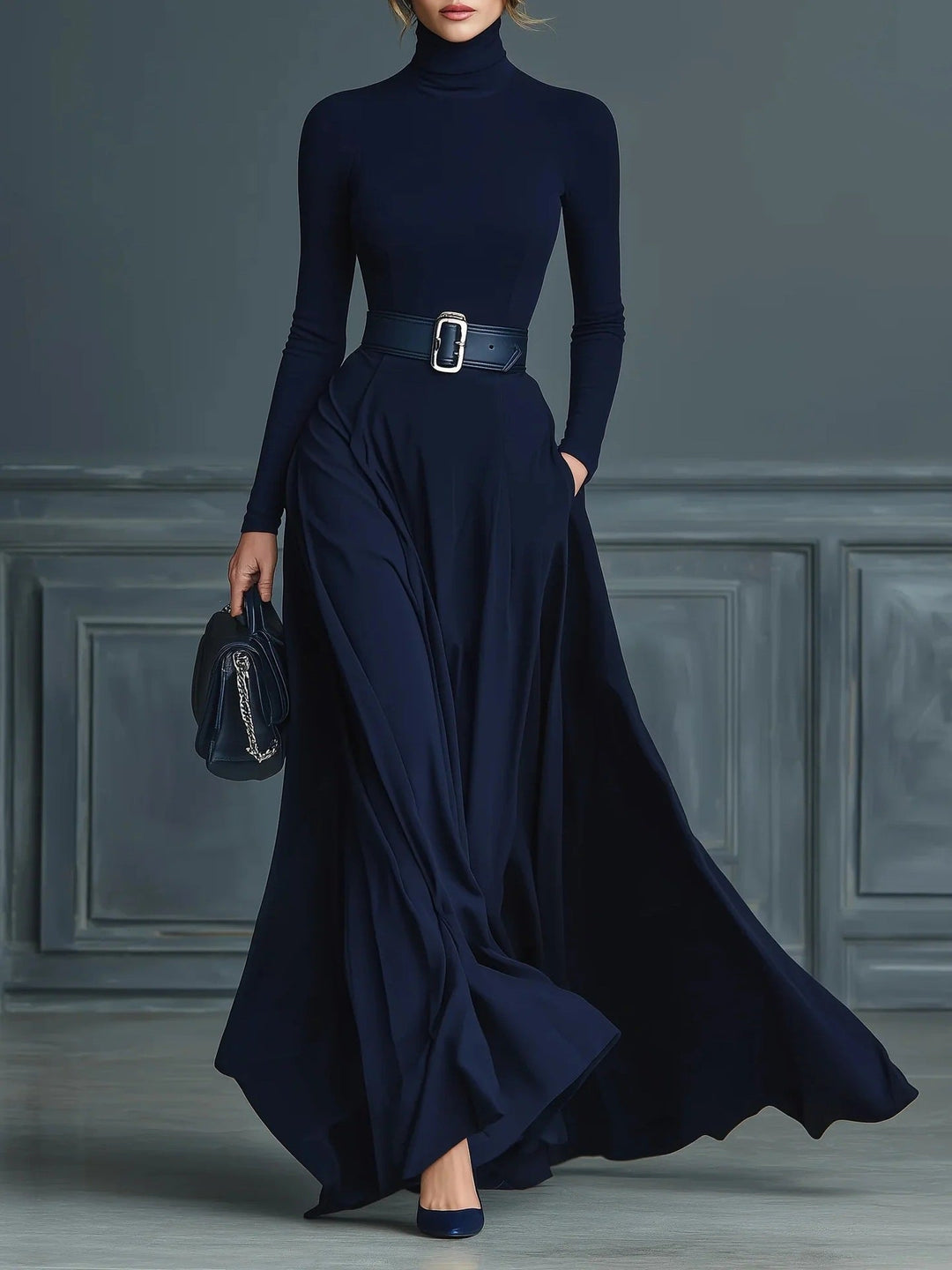 Katarina | Robe Maxi à Col Montant Ceinturée