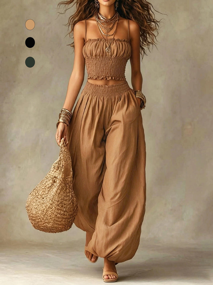Ensemble de Pantalon Large à Taille Haute avec Top Court Smocké