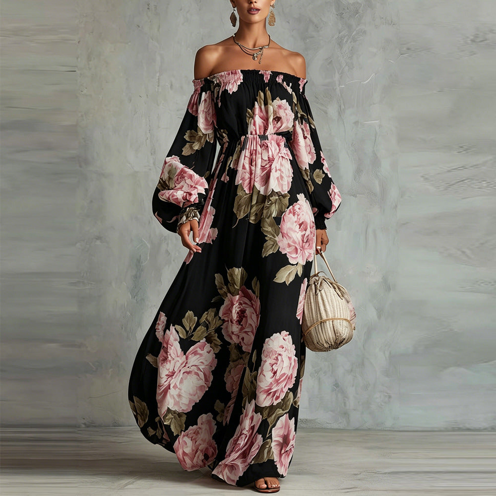 Payton | Robe Maxi Fleurie à Épaules Dégagées, Manches Longues