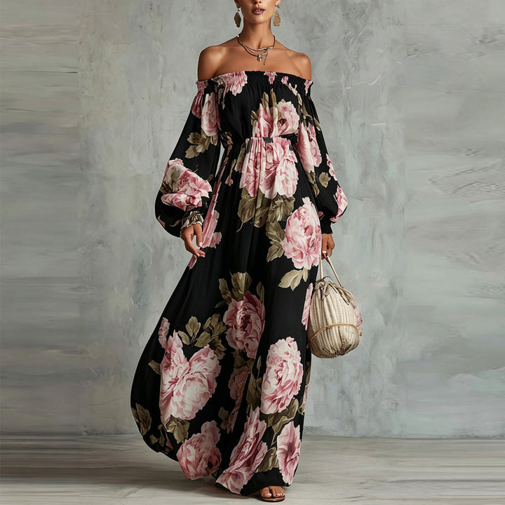 Payton | Robe Maxi Fleurie à Épaules Dégagées, Manches Longues