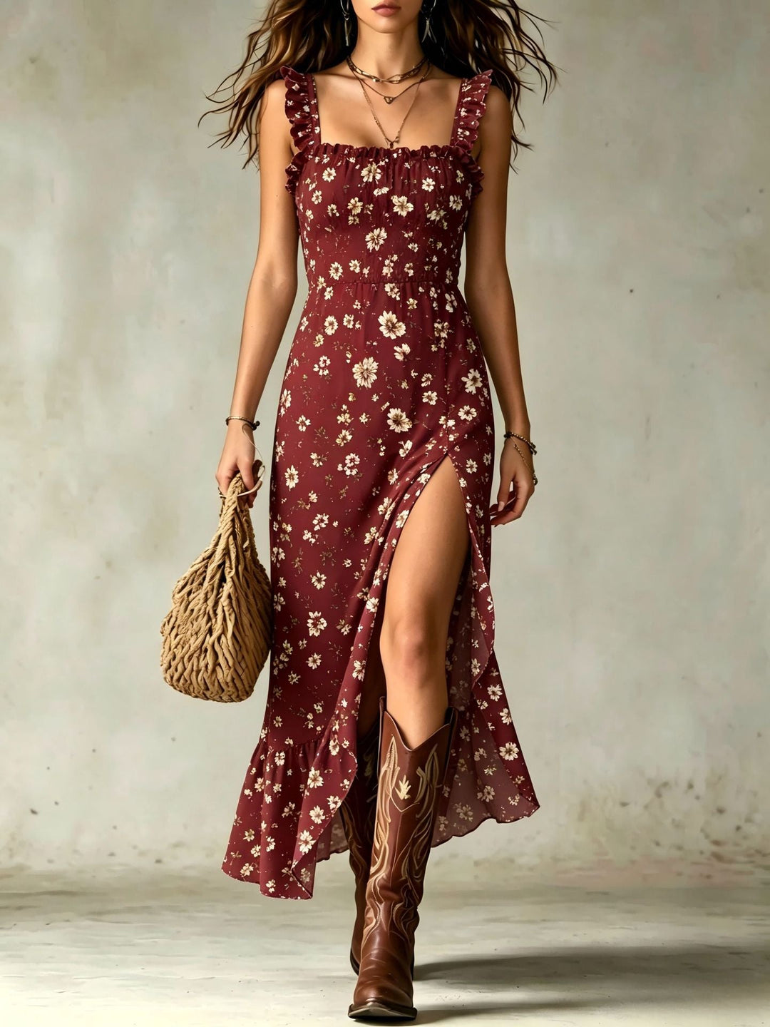 Robe Maxi Fendue à Volants Imprimée Florale Ditsy