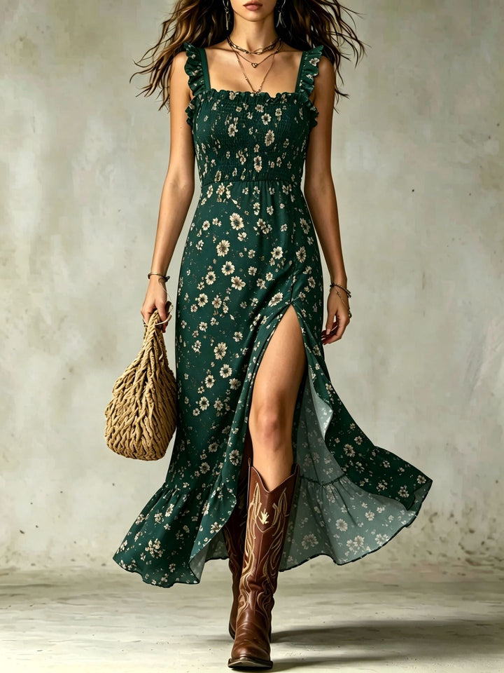 Robe Maxi Fendue à Volants Imprimée Florale Ditsy