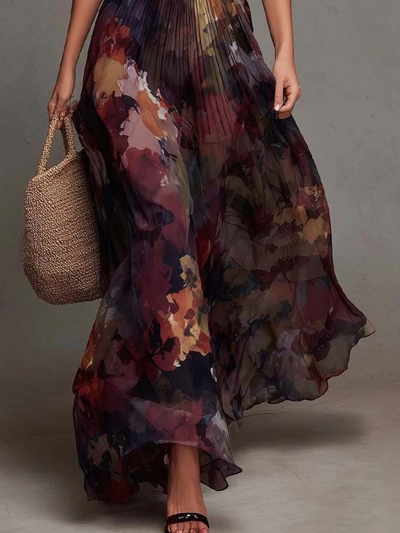 Robe maxi plissée à col en V en aquarelle florale