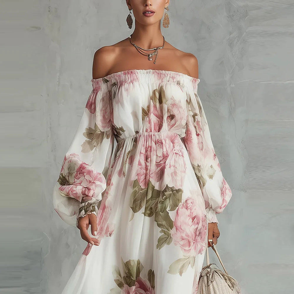 Payton | Robe Maxi Fleurie à Épaules Dégagées, Manches Longues