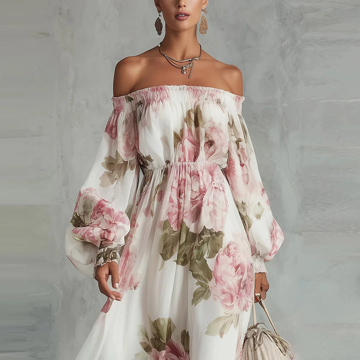 Payton | Robe Maxi Fleurie à Épaules Dégagées, Manches Longues