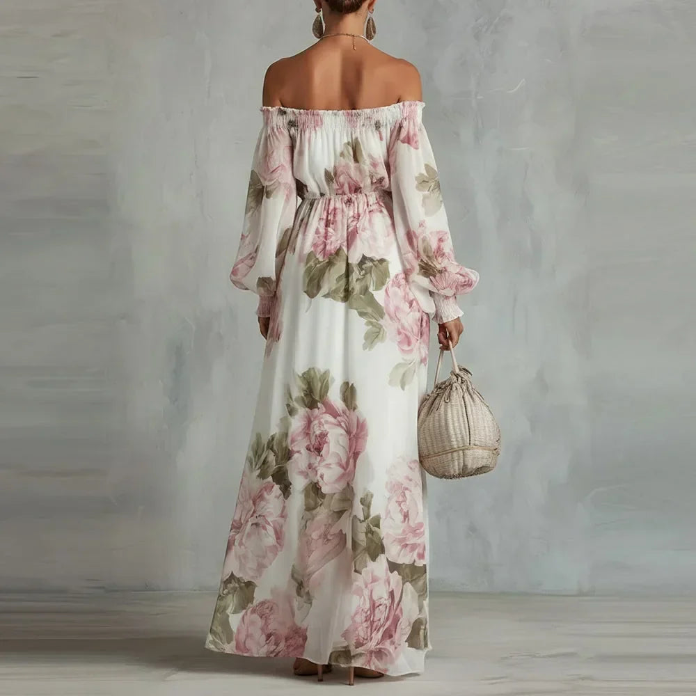 Payton | Robe Maxi Fleurie à Épaules Dégagées, Manches Longues