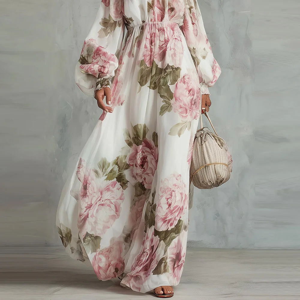 Payton | Robe Maxi Fleurie à Épaules Dégagées, Manches Longues