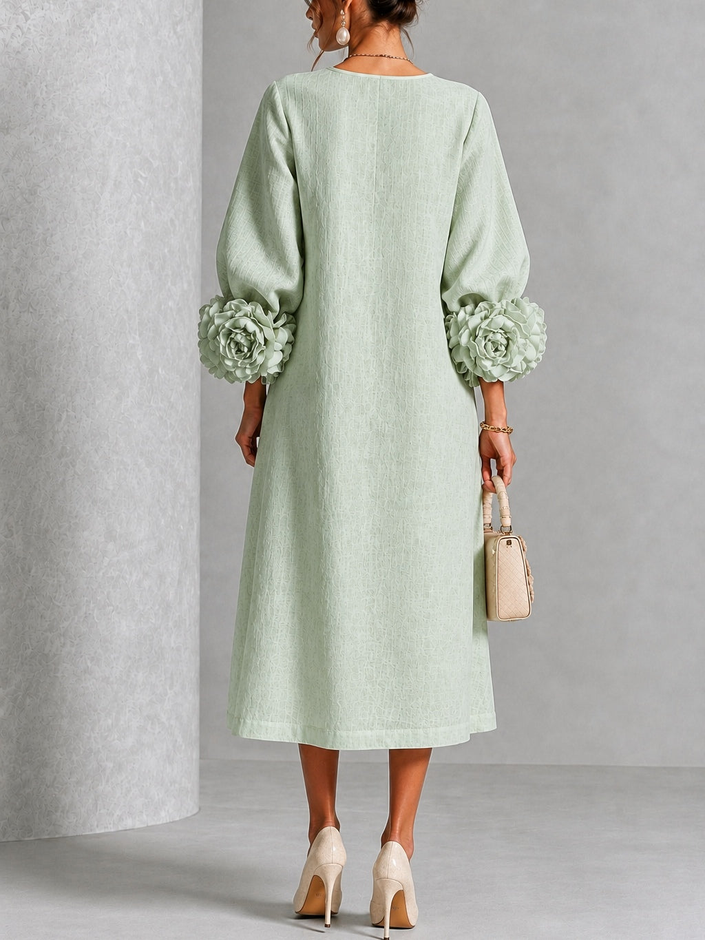 Théodora | Robe Midi avec Manches Bouffantes à Rosette