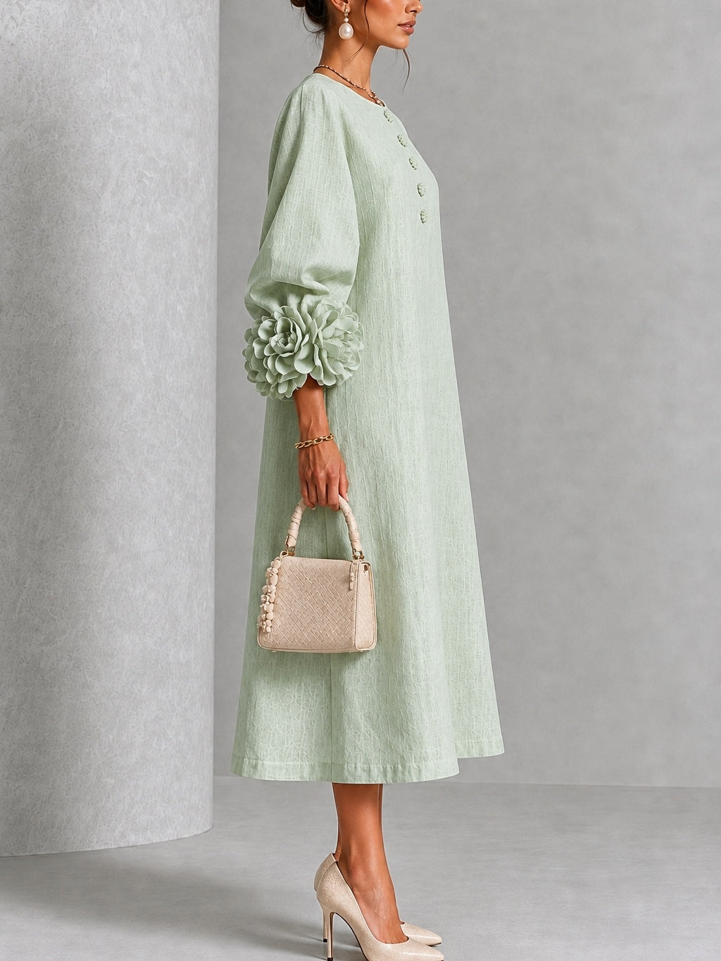 Théodora | Robe Midi avec Manches Bouffantes à Rosette