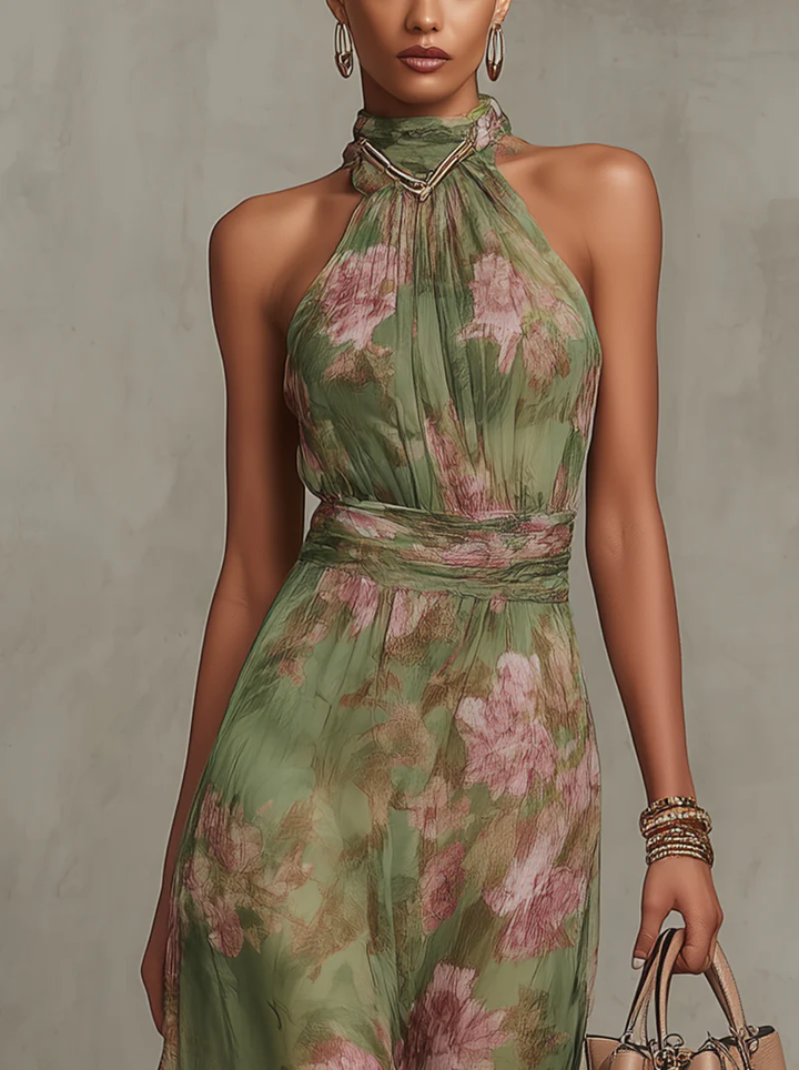 Serena — Robe Maxi Halter en Chiffon Floral Élégant