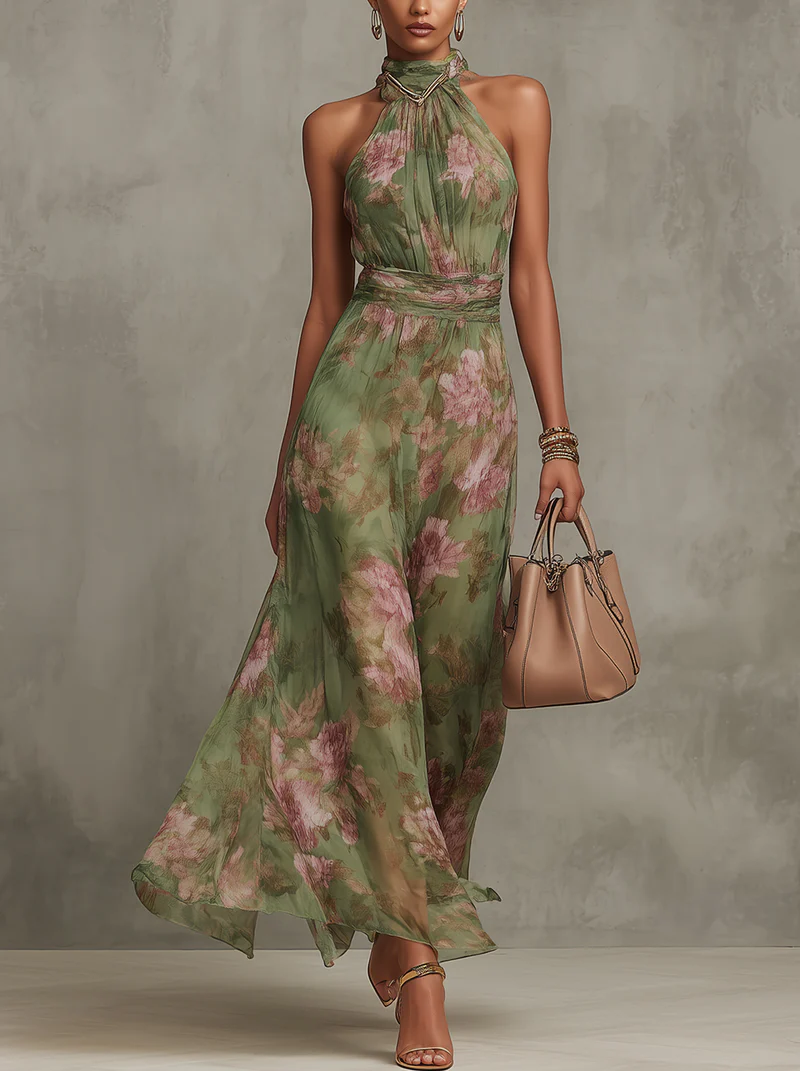 Serena — Robe Maxi Halter en Chiffon Floral Élégant