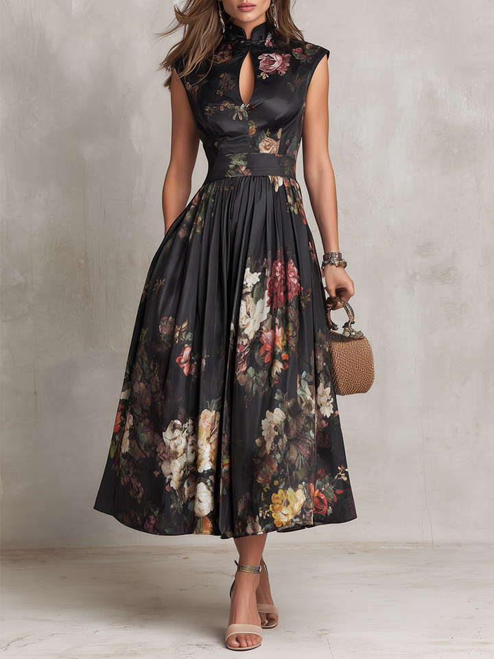 Violetta - Robe Midi Noire en Satin Plissé avec Motif Floral et Décolleté en Forme de Clef