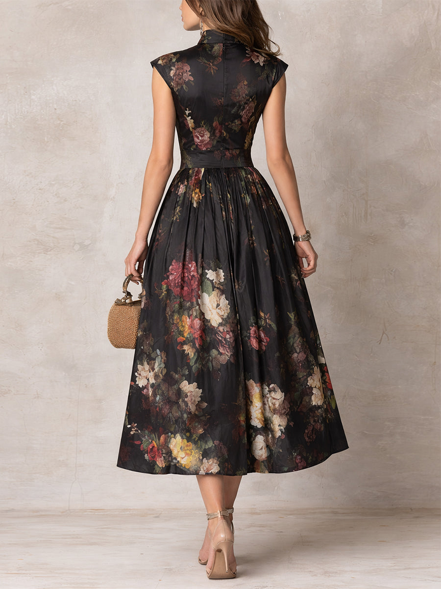 Violetta - Robe Midi Noire en Satin Plissé avec Motif Floral et Décolleté en Forme de Clef