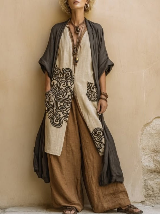 Giulia - Ensemble Nomade Bohémien en Trois Pièces en Gris Foncé et Marron avec Motif Tribal