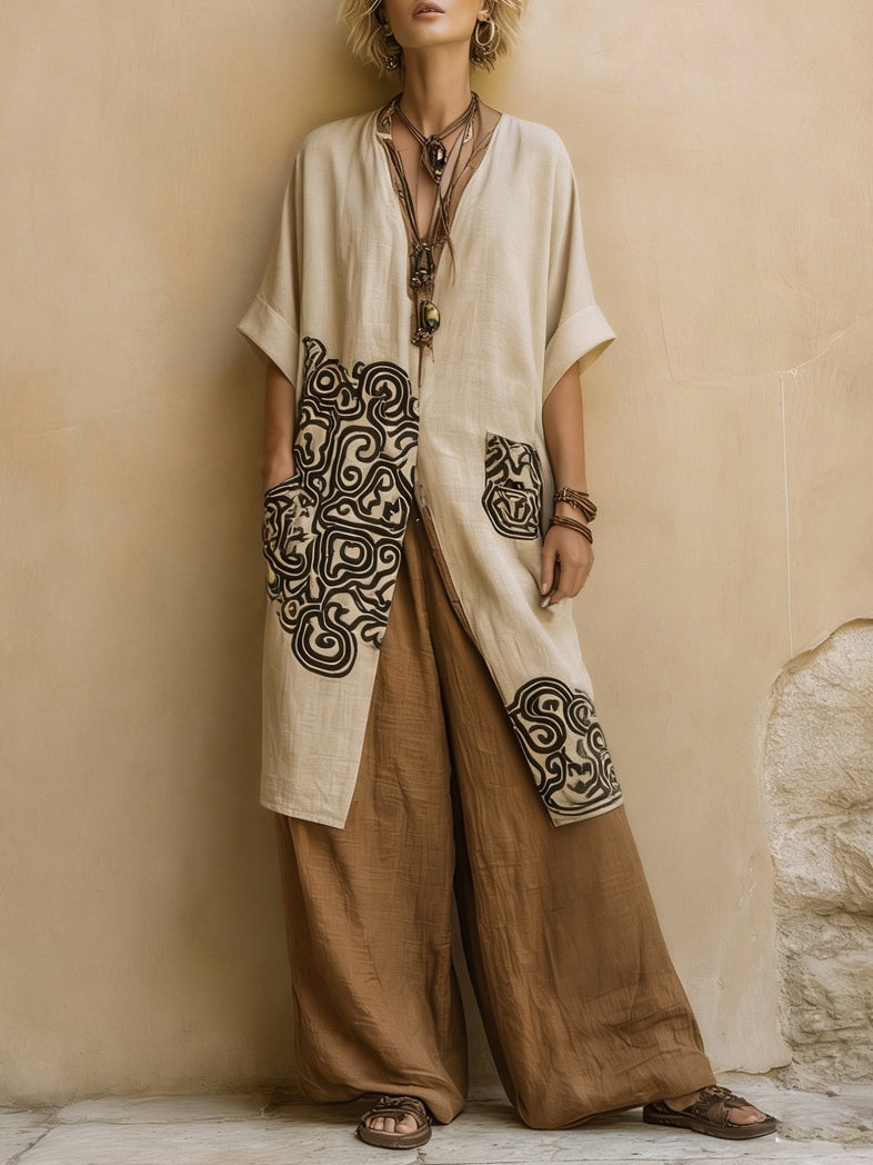 Giulia - Ensemble Nomade Bohémien en Trois Pièces en Gris Foncé et Marron avec Motif Tribal