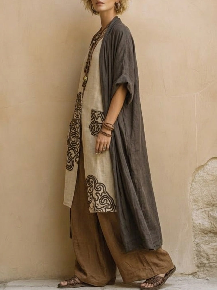 Giulia - Ensemble Nomade Bohémien en Trois Pièces en Gris Foncé et Marron avec Motif Tribal