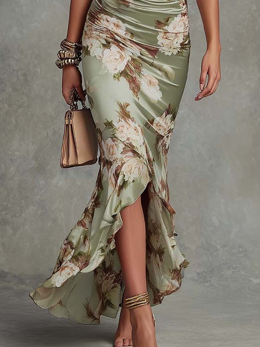 Anna - Robe longue asymétrique en satin vert avec décolleté en V, manches bouffantes évasées et motif floral