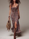 Robe maxi fendue à imprimé floral plissé grisâtre-violet