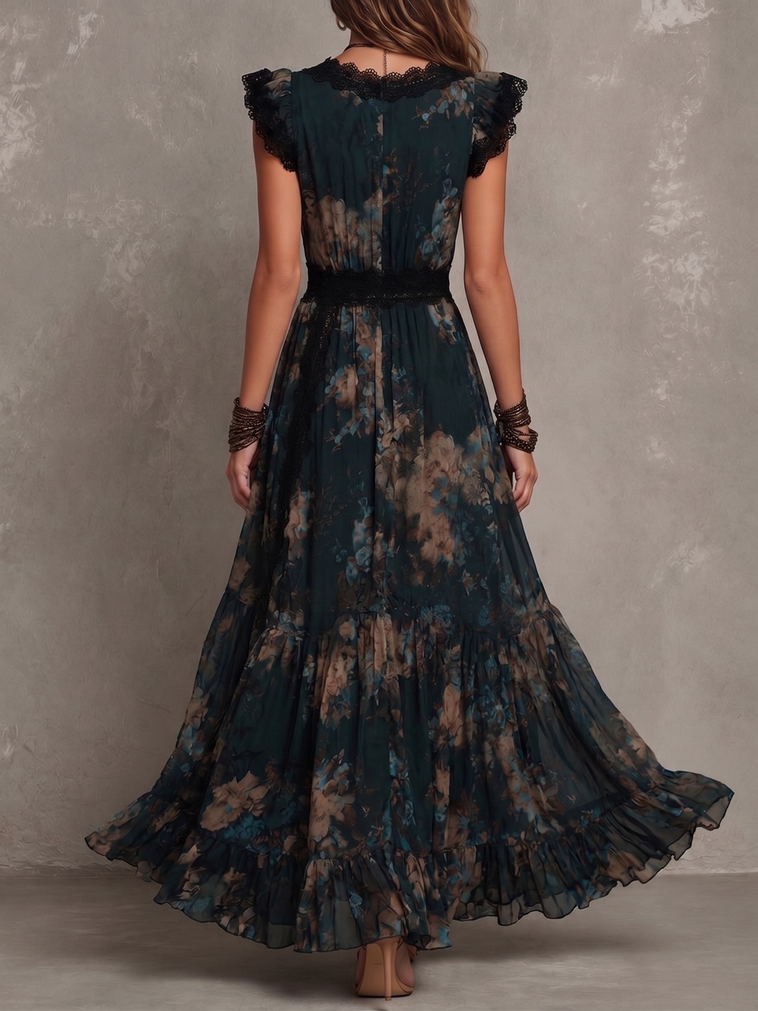 Lucia | Robe longue en chiffon vintage vert foncé avec dentelle florale