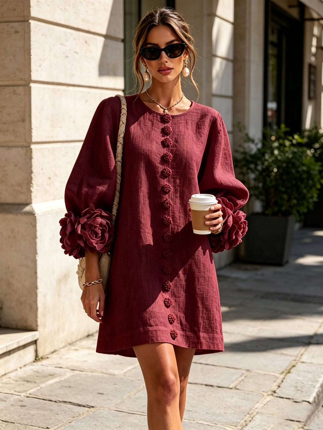 Clémentine | Robe Chemise avec Manches à Rosette