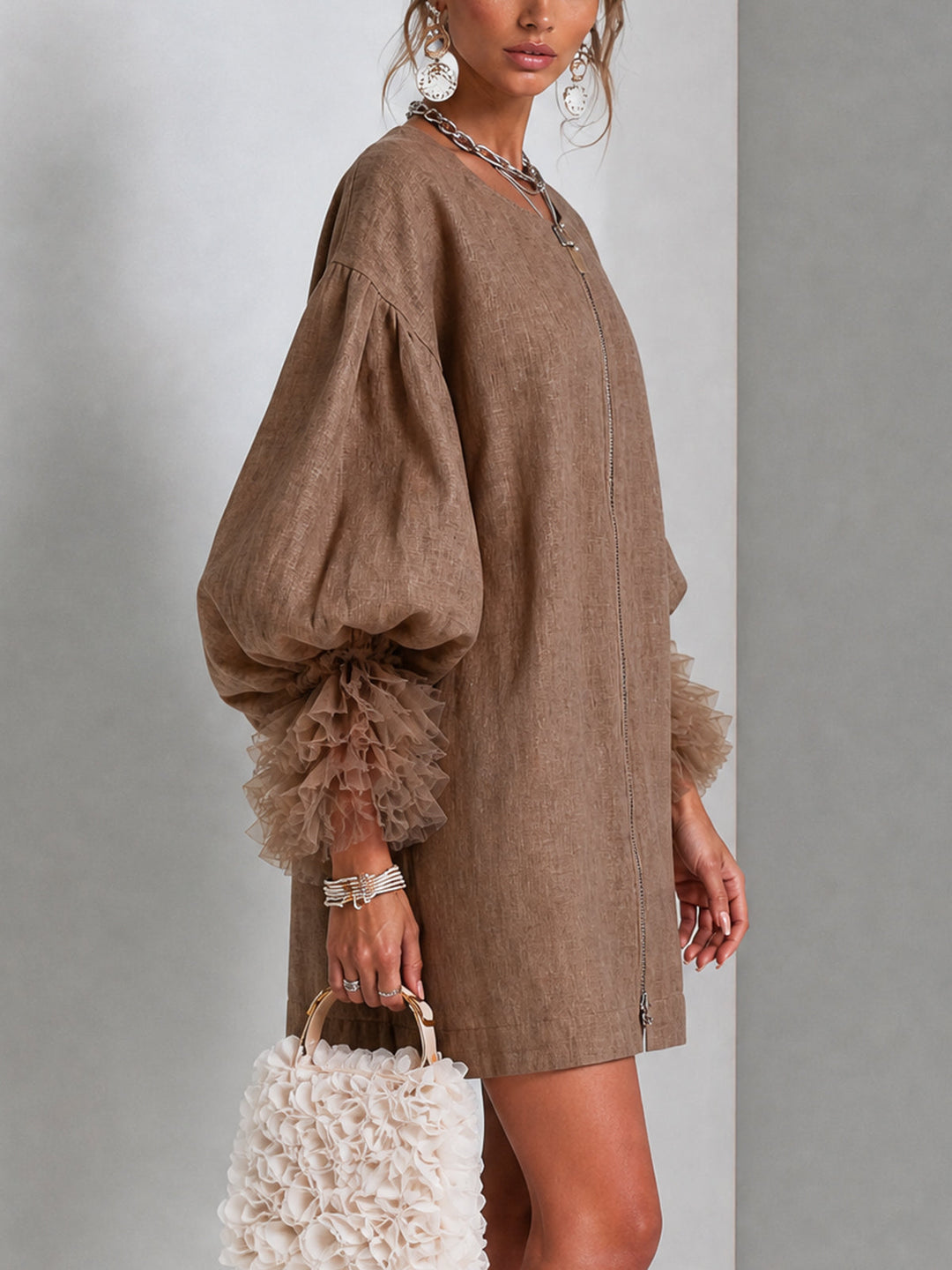 Rebecca | Robe Mini avec Manches Bouffantes et Zip Frontale