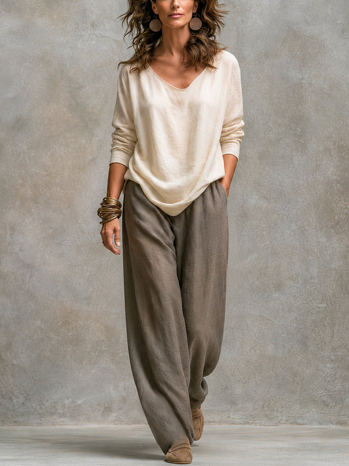 Costanza | Ensemble Élégant de Trois Pièces en Beige et Gris avec Pantalons Palazzo à Couches