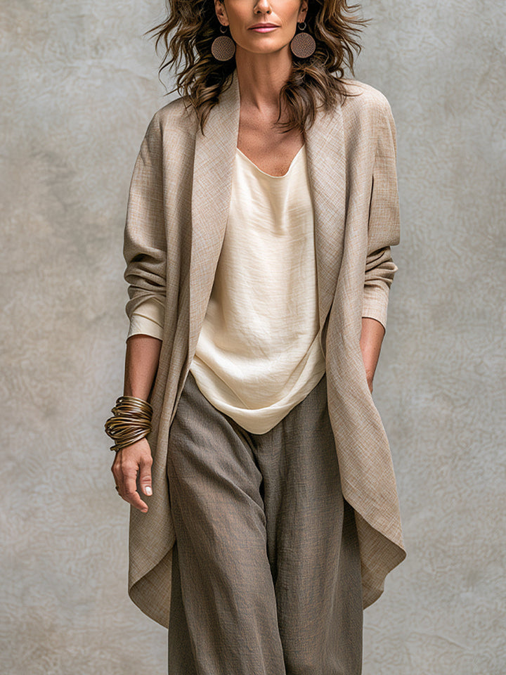 Costanza | Ensemble Élégant de Trois Pièces en Beige et Gris avec Pantalons Palazzo à Couches
