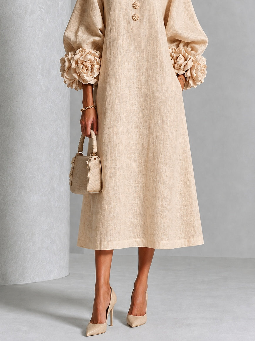 Théodora | Robe Midi avec Manches Bouffantes à Rosette
