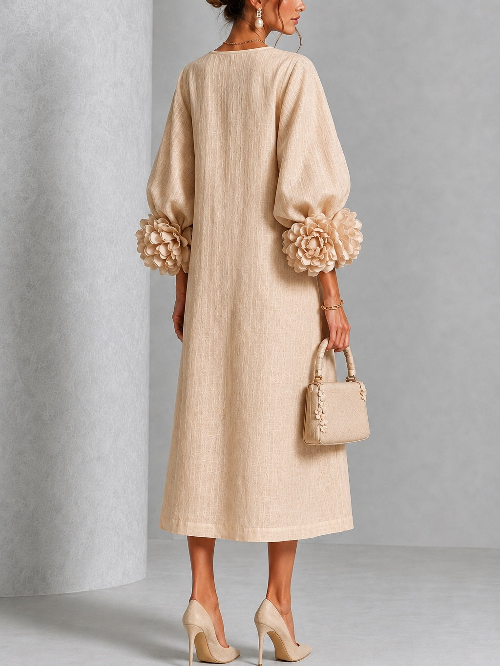 Théodora | Robe Midi avec Manches Bouffantes à Rosette
