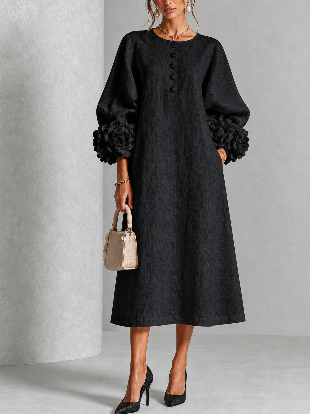 Théodora | Robe Midi avec Manches Bouffantes à Rosette