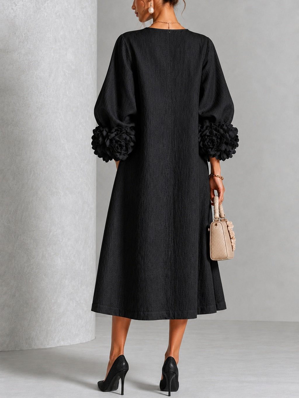 Théodora | Robe Midi avec Manches Bouffantes à Rosette