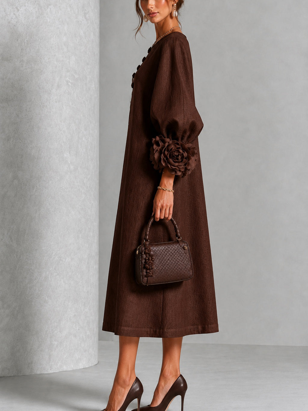 Théodora | Robe Midi avec Manches Bouffantes à Rosette