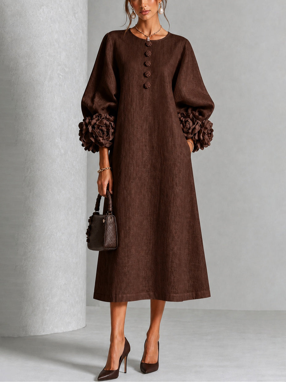 Théodora | Robe Midi avec Manches Bouffantes à Rosette