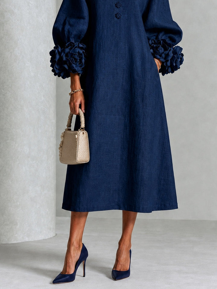 Théodora | Robe Midi avec Manches Bouffantes à Rosette