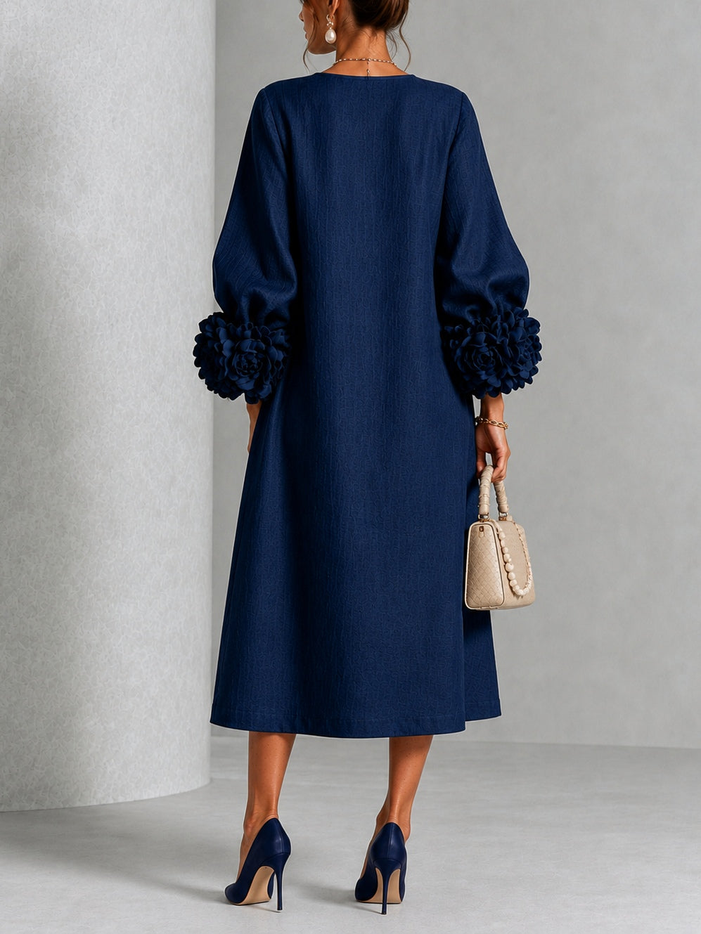 Théodora | Robe Midi avec Manches Bouffantes à Rosette