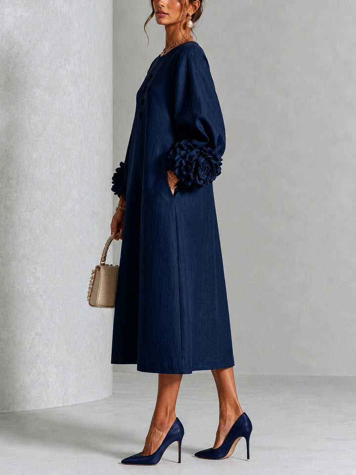 Théodora | Robe Midi avec Manches Bouffantes à Rosette