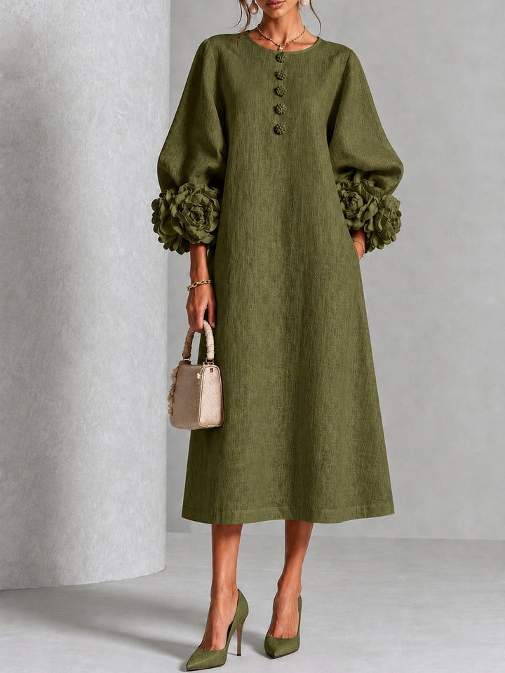 Théodora | Robe Midi avec Manches Bouffantes à Rosette
